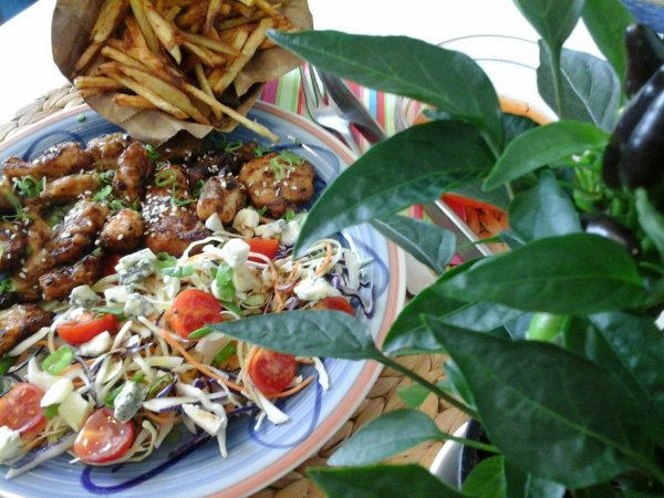 chili szószban pácolt-sült szezámmagos csirkemell csíkok salátával11